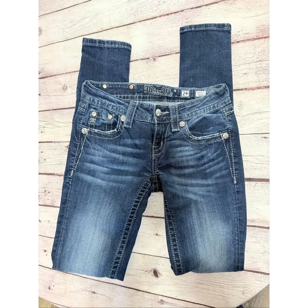 Miss Me Angel Wing Bling Embellished Flap Pocket Skinny Jeans Dark Denim Size 24